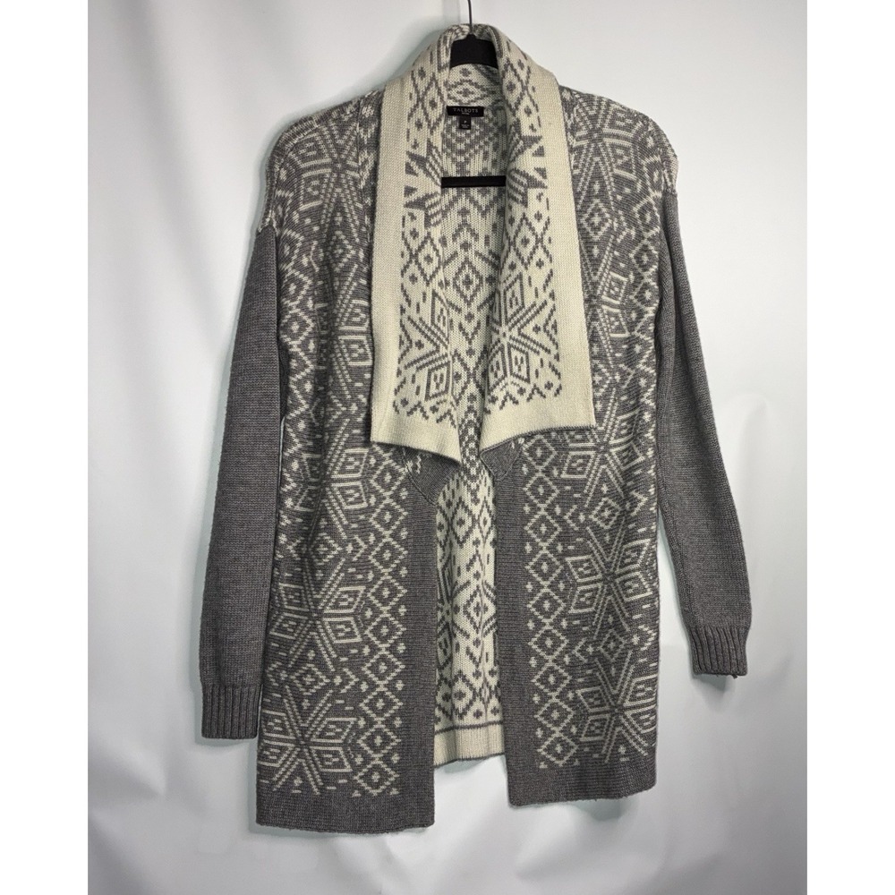 Talbots Sweater Womens Small Petite Gray Wool Blend Fair Isle Cardigan Long Knit
